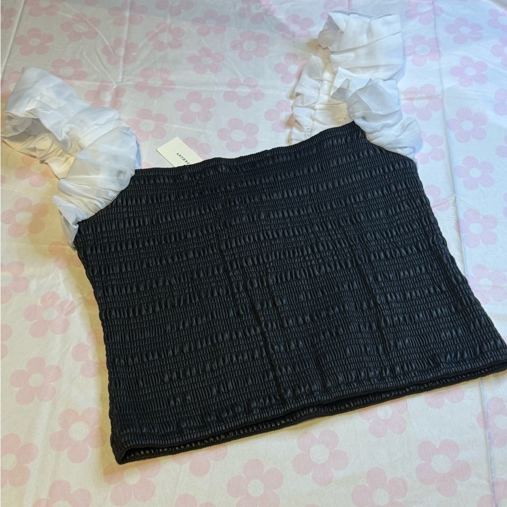 Anthropologie Black Smocked Crop Top with White Ruffle Straps